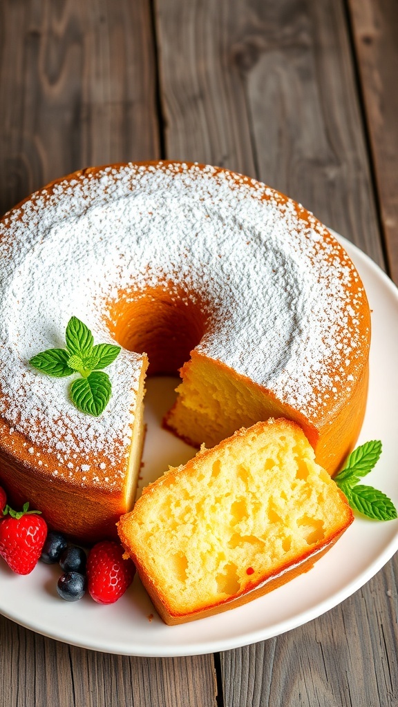 Moist Yogurt Cake Recipe A golden yogurt cake dusted with powdered sugar, served with fresh berries on a rustic wooden table.
